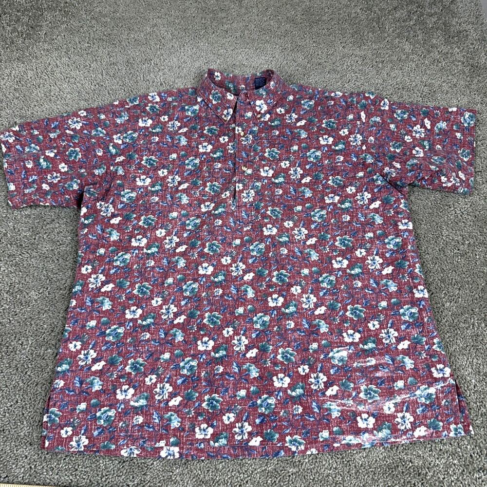 Vintage Liberty House Ono Polo Shirt Mens XL Red Floral Woven Hawaiian 90s